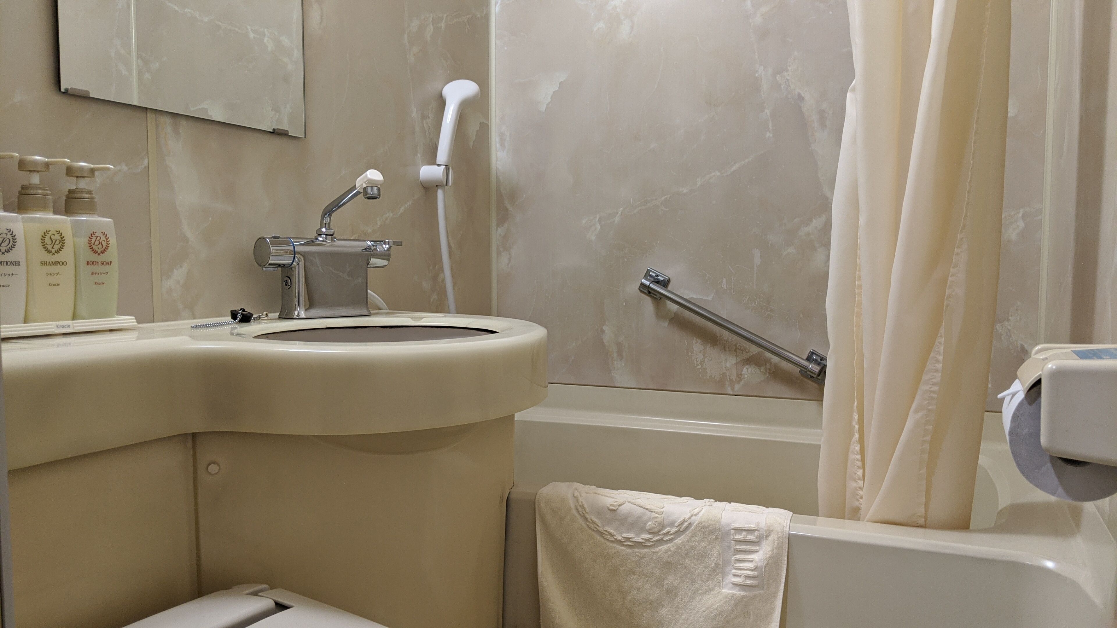 Ein Badezimmer mit Waschbecken, Spiegel, Pflegeprodukten, einer Dusche und einer Haltestange.