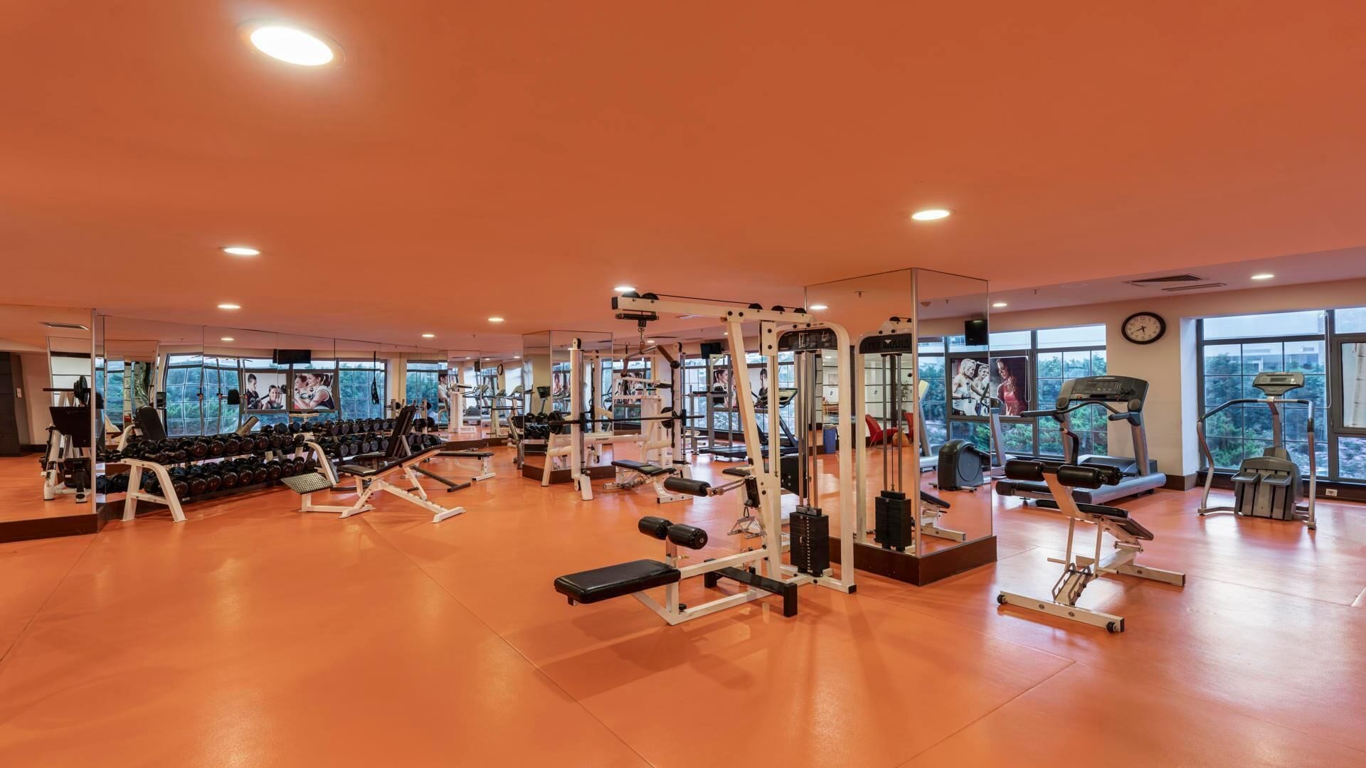 Une salle de sport équipée de divers appareils d’exercice, dotée de grandes fenêtres et d’un plancher en bois.