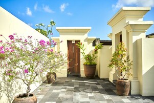 A courtyard with a tiled floor, potted plants, and a wooden door.