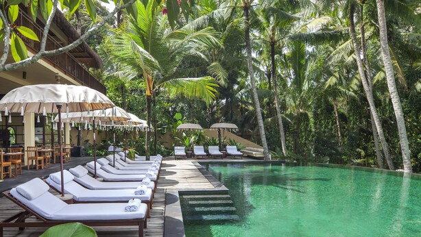 A poolside area with lounge chairs and umbrellas, surrounded by palm trees. - Komaneka at Rasa Sayang (Ubud)