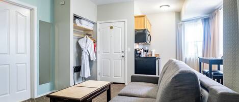 A compact living space with a sofa, a small table, a kitchenette, and a closet with hanging clothes.