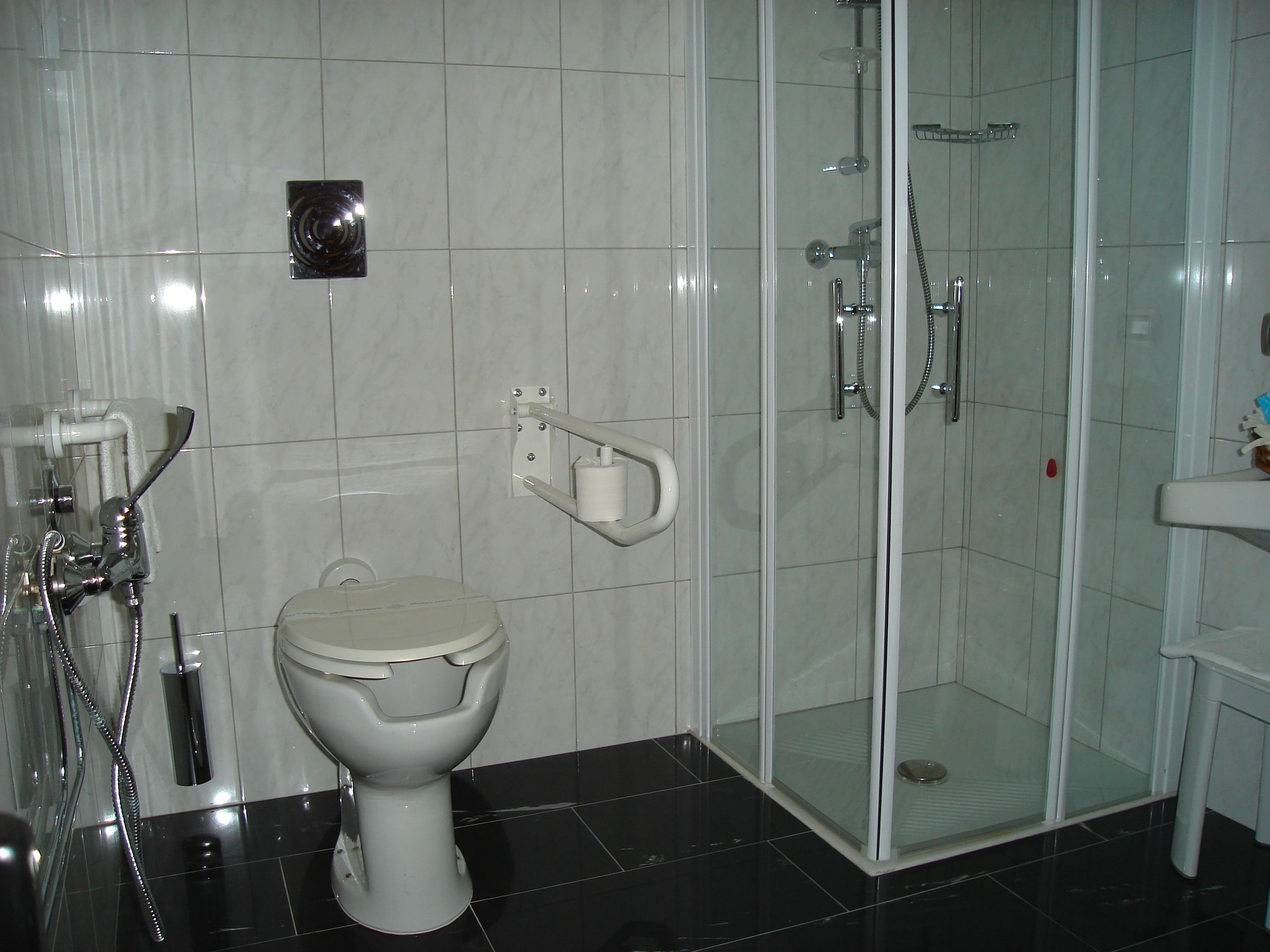 A modern bathroom with a toilet, a glass-enclosed shower, and a sink.