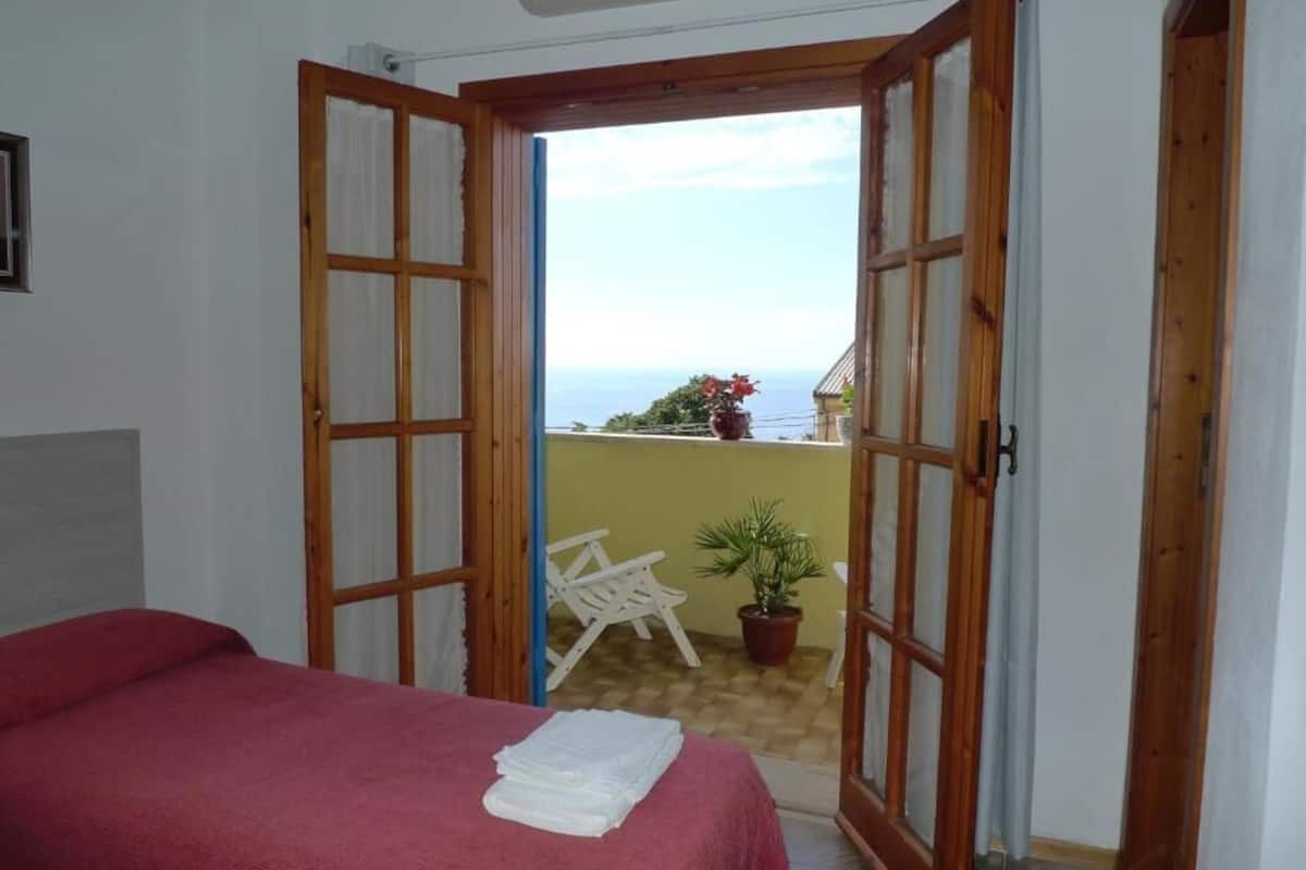 A bedroom with a bed, a balcony with a view, and a potted plant.