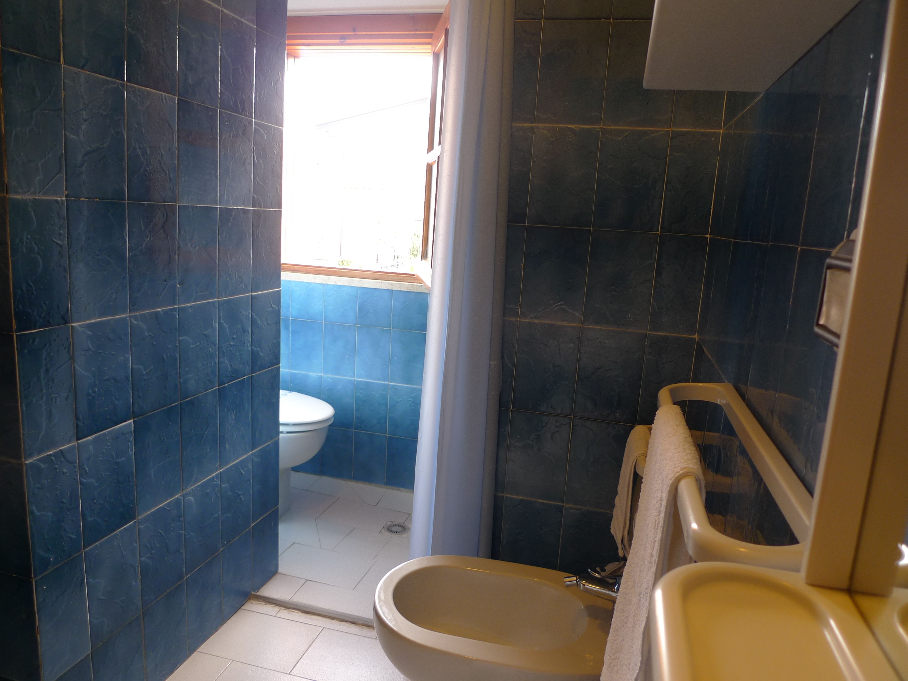 A bathroom with dark blue tiles, a white toilet, and a bathtub.