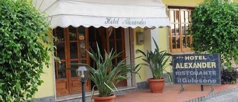 A hotel named 'Hotel Alexander' with a signboard, a covered entrance, and potted plants.