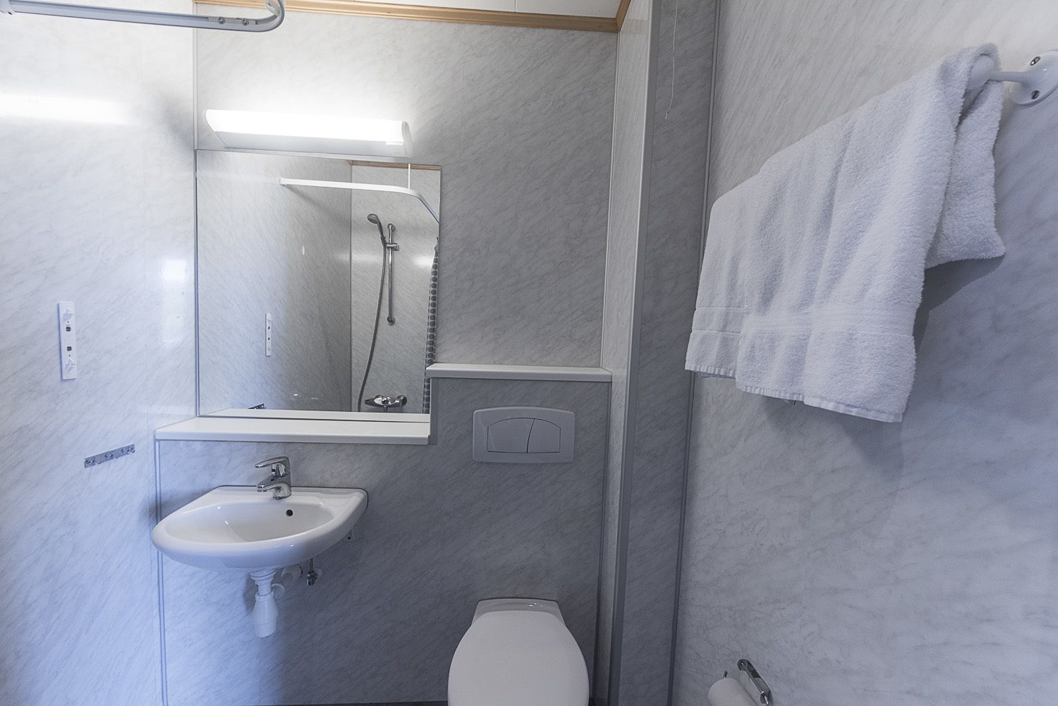 Une salle de bain moderne équipée d’un lavabo, d’un miroir, d’une douche et de toilettes.