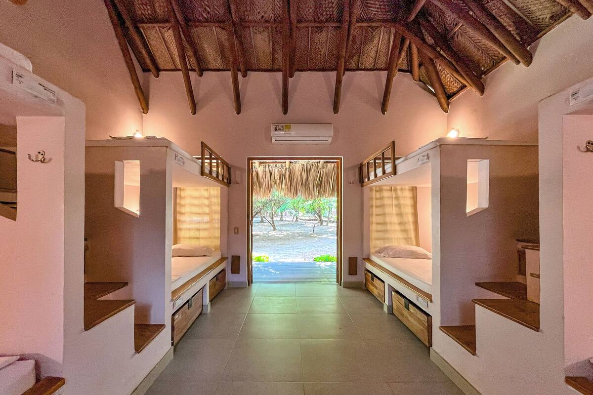 Un couloir avec des lits superposés, un plafond en bois et une vue sur un espace extérieur arboré.