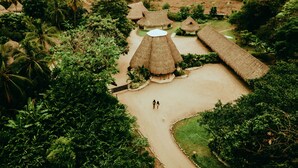 A tropical resort with thatched-roof huts, lush greenery, and a clear path. - Viajero Tayrona Hostel & Ecohabs (Santa Marta)