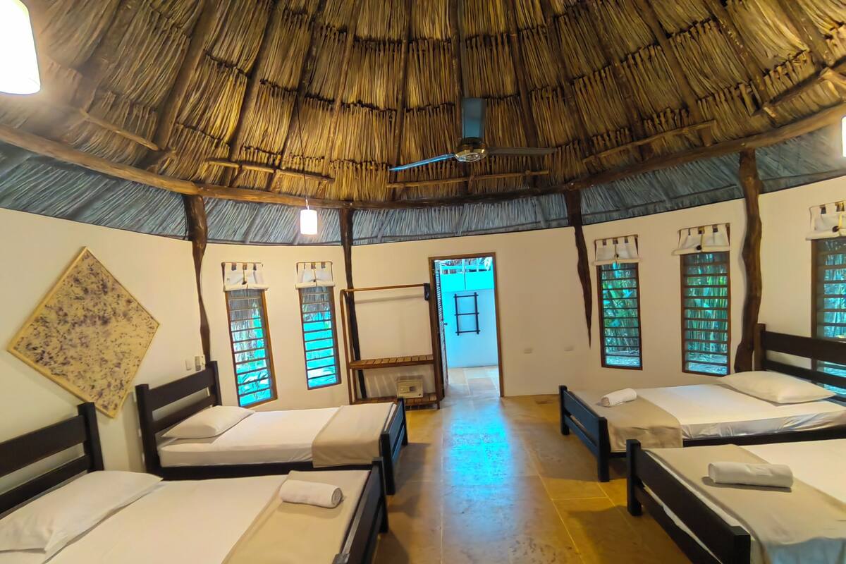 Une chambre avec quatre lits, un toit de chaume et une vue sur l’extérieur.