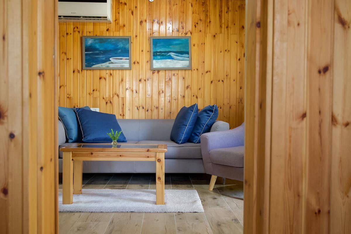 A wooden-paneled room with a grey sofa, blue cushions, a wooden coffee table, and two framed paintings on the wall.