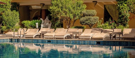 Outdoor pool, pool umbrellas, pool loungers