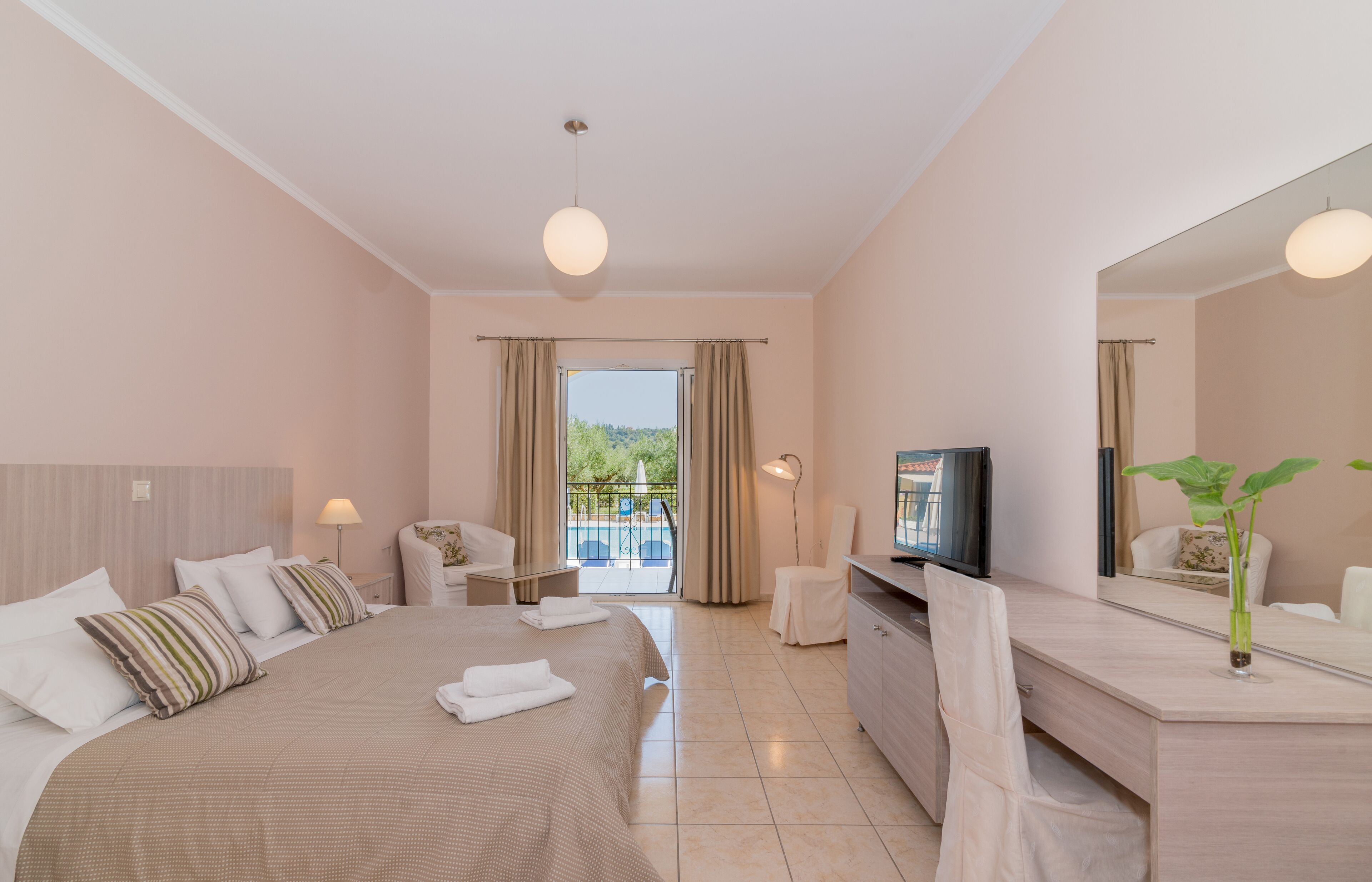 double or twin room, pool view | in-room safe, desk, soundproofing, iron/ironing board
