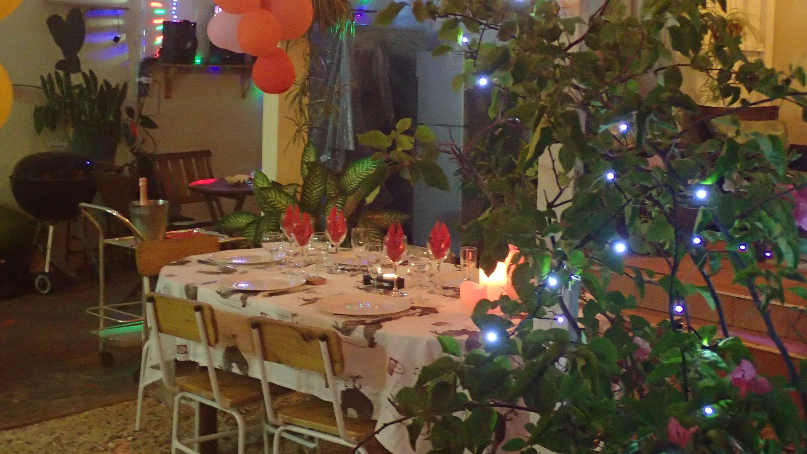 Une table à manger dressée pour un repas, avec des chaises, une plante et des guirlandes lumineuses décoratives.