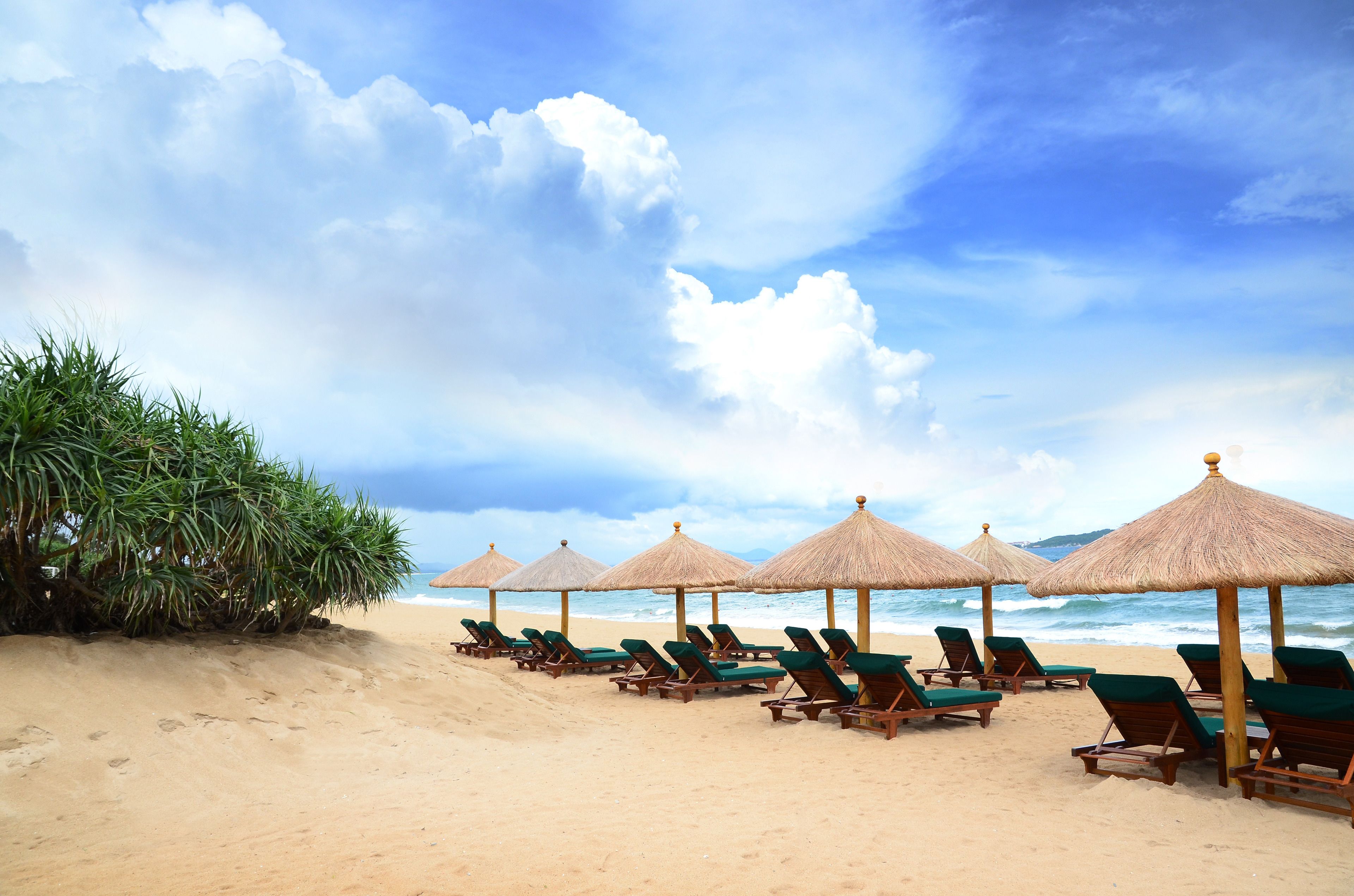 White sand, sun-loungers, beach umbrellas, beach towels