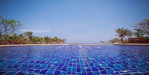 Outdoor pool, pool umbrellas, pool loungers
