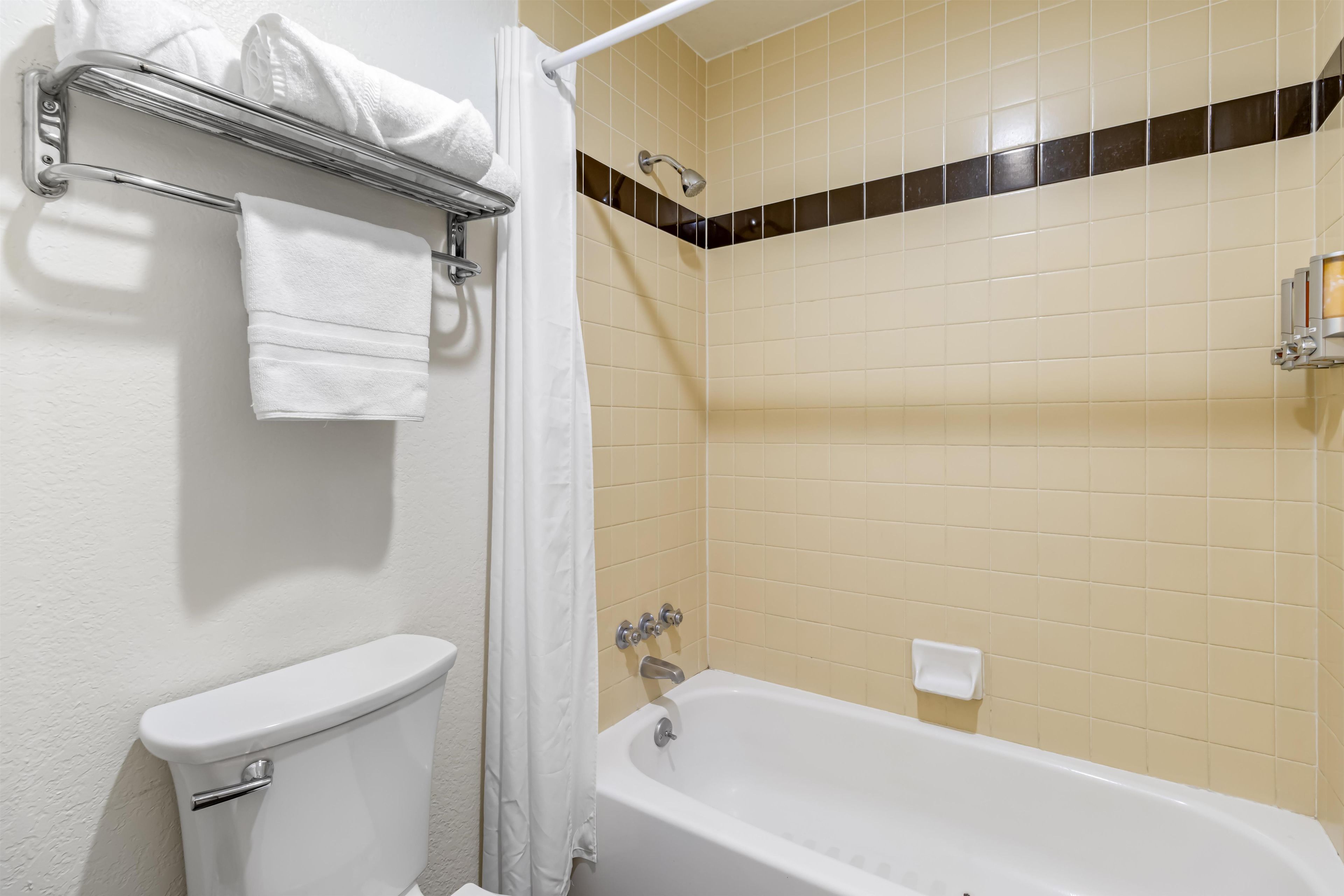 A bathroom with a toilet, a bathtub, and a towel rack.