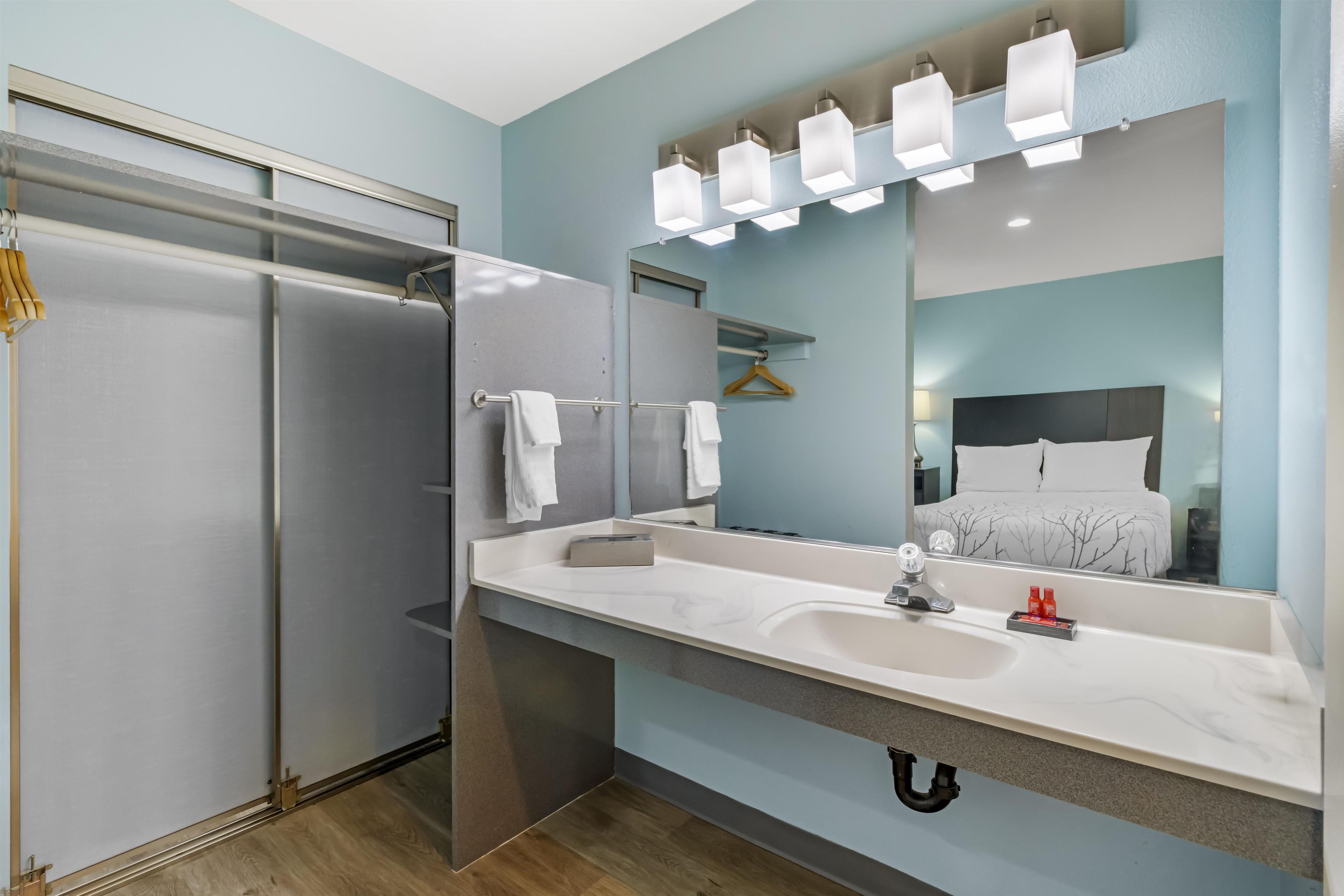 A modern bathroom with a walk-in shower, a large mirror, and a vanity with a sink.