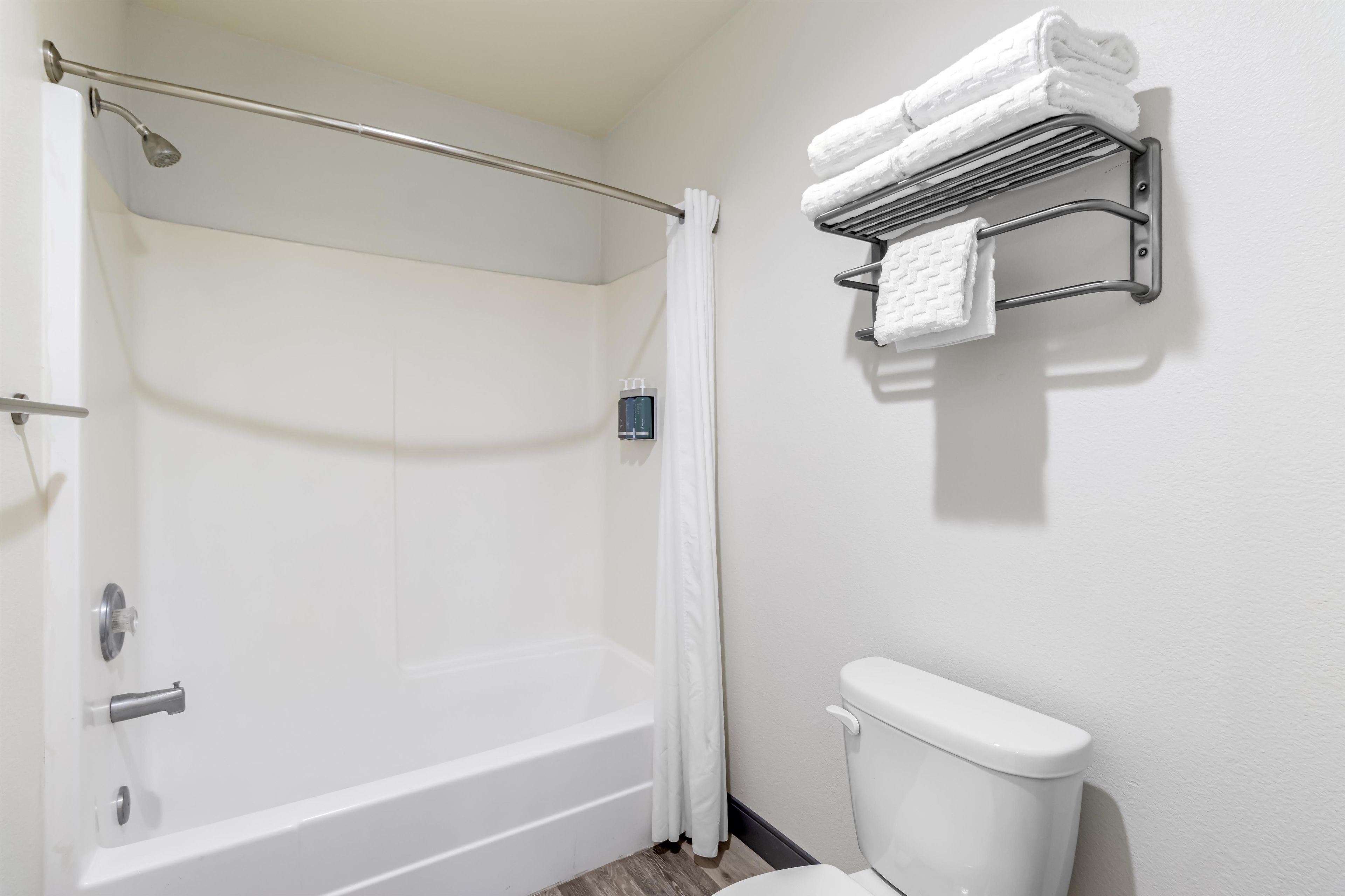 Une salle de bain avec une baignoire, des toilettes et un porte-serviettes.