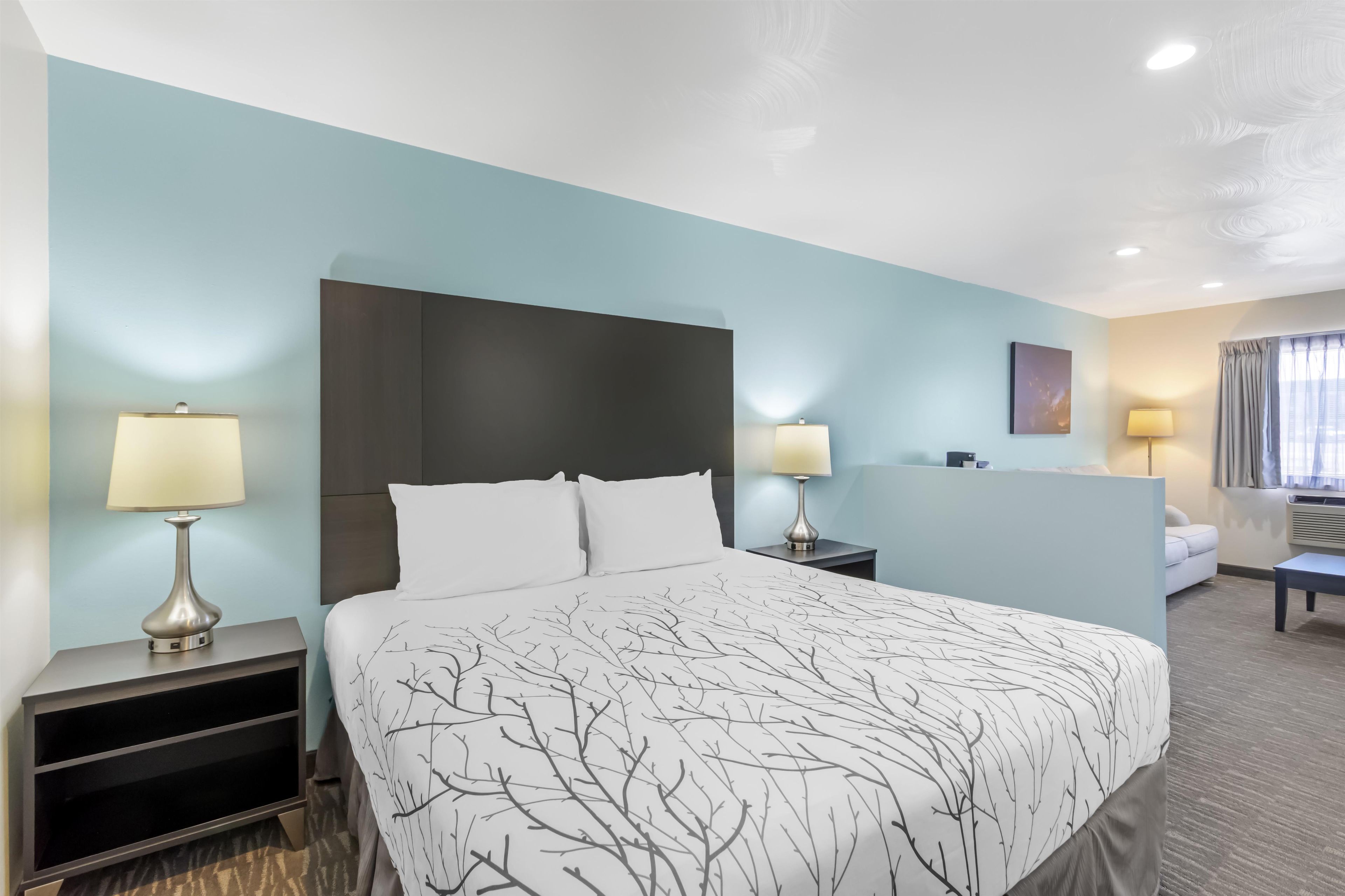 Habitación de hotel con cama, dos mesitas de noche, escritorio, silla y ventana con cortinas.