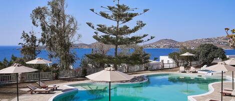 Seasonal outdoor pool, open 10:00 AM to 8:00 PM, pool umbrellas