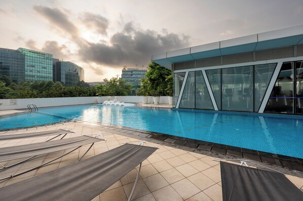 Outdoor pool, pool umbrellas, pool loungers