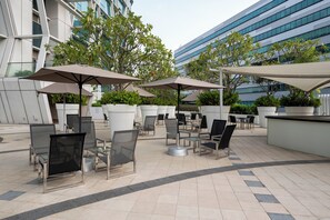 Outdoor pool, pool umbrellas, pool loungers
