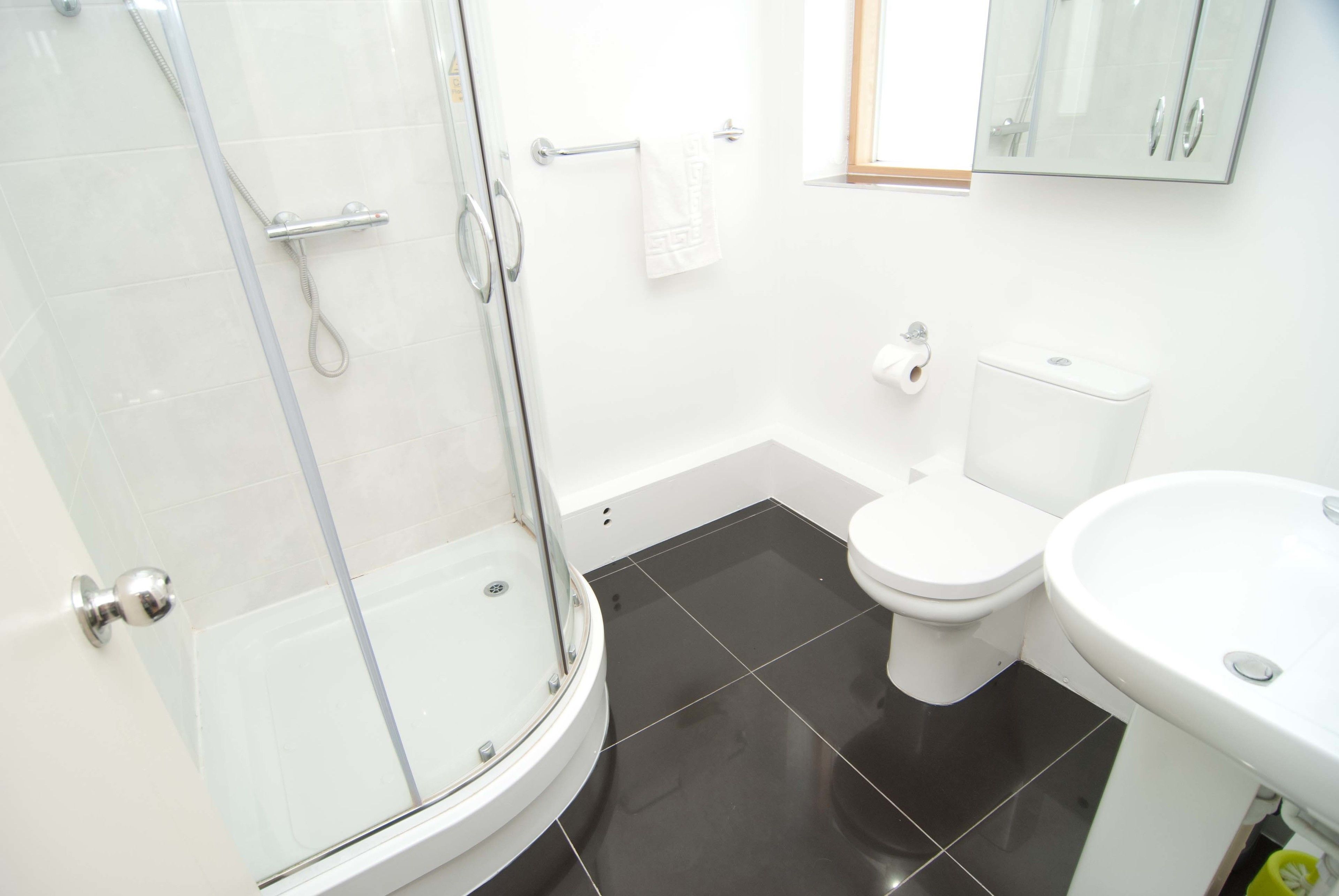 A modern bathroom with a glass-enclosed shower, a toilet, and a sink.