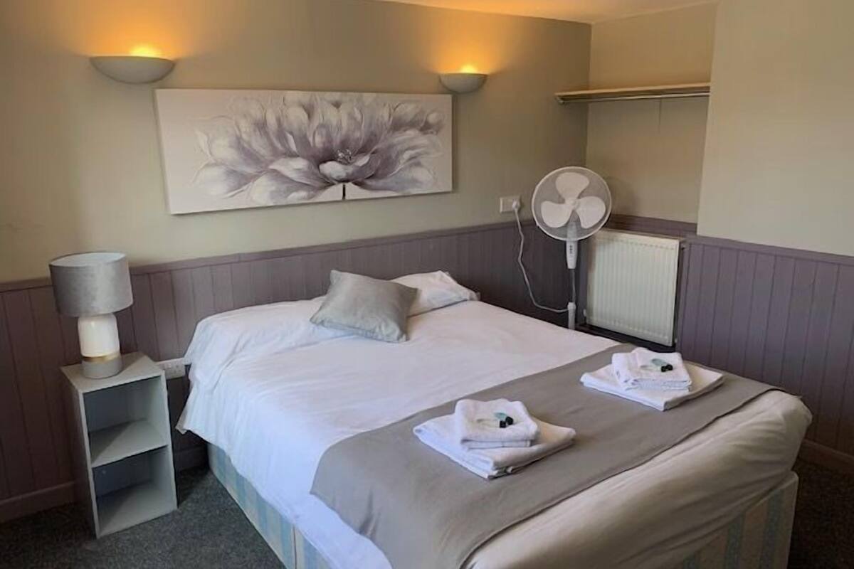 Un lit bien fait, avec des oreillers, une table de chevet avec une lampe, un ventilateur fixé au mur et un tableau au-dessus du lit.