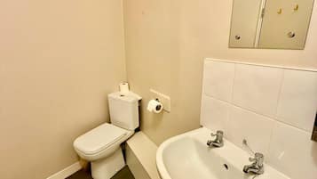Une petite salle de bain avec des toilettes, un lavabo et un miroir.