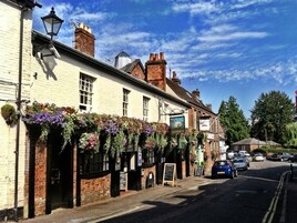 A row of traditional buildings with a pub named 'Waldworth' on the ground floor, featuring hanging flower baskets and a signboard.