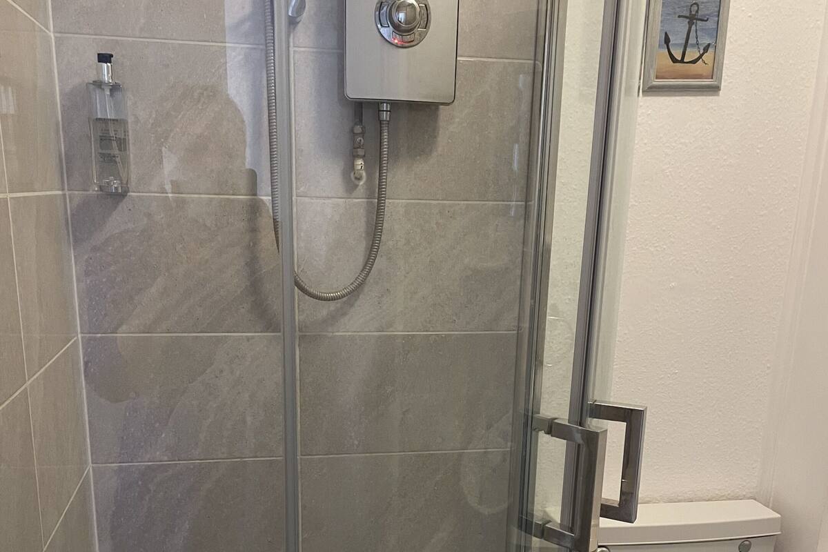 A modern bathroom with a glass-enclosed shower, a toilet, and a small framed picture on the wall.