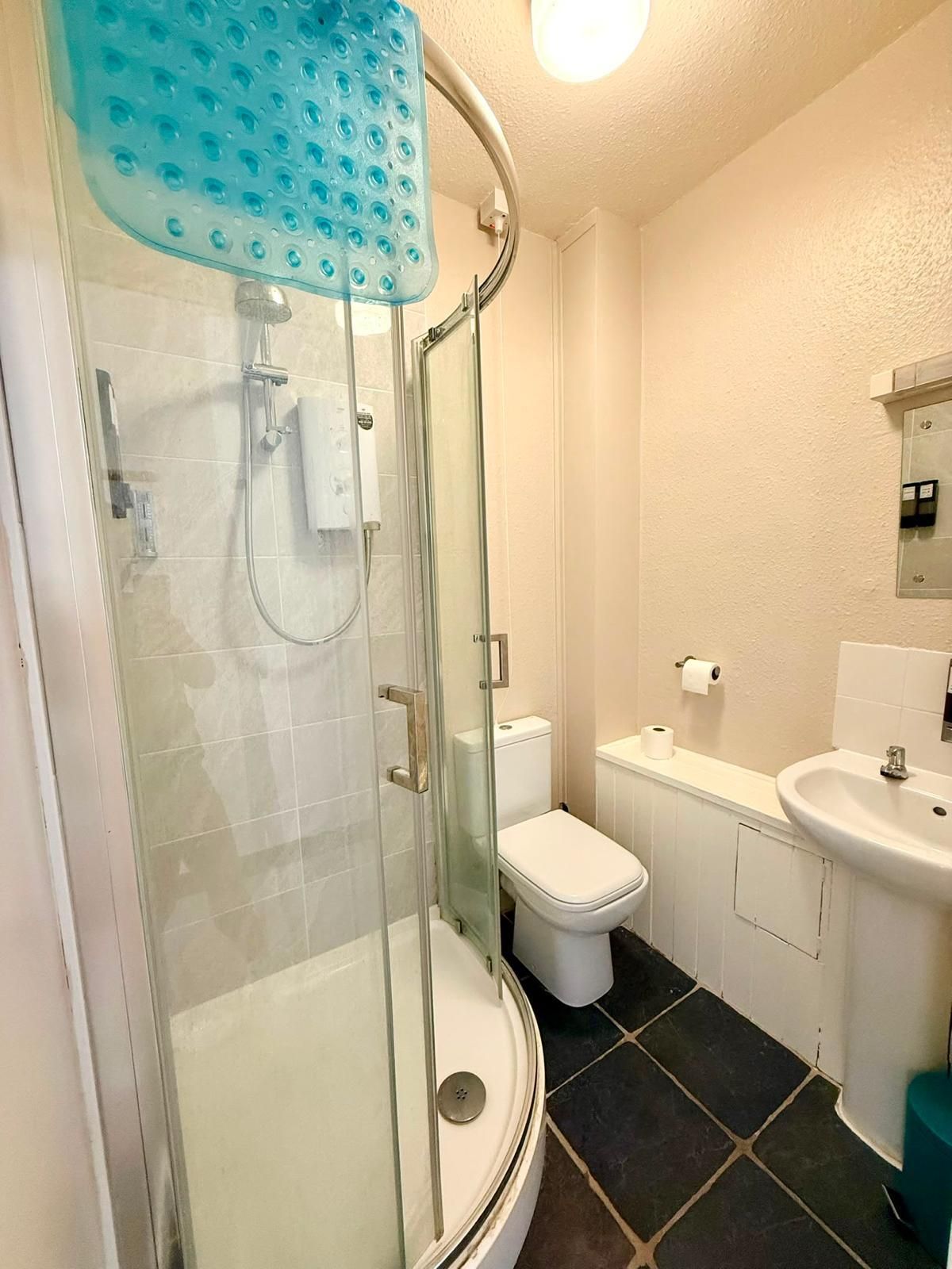 Un baño con ducha de vidrio, inodoro, lavamanos y espejo.