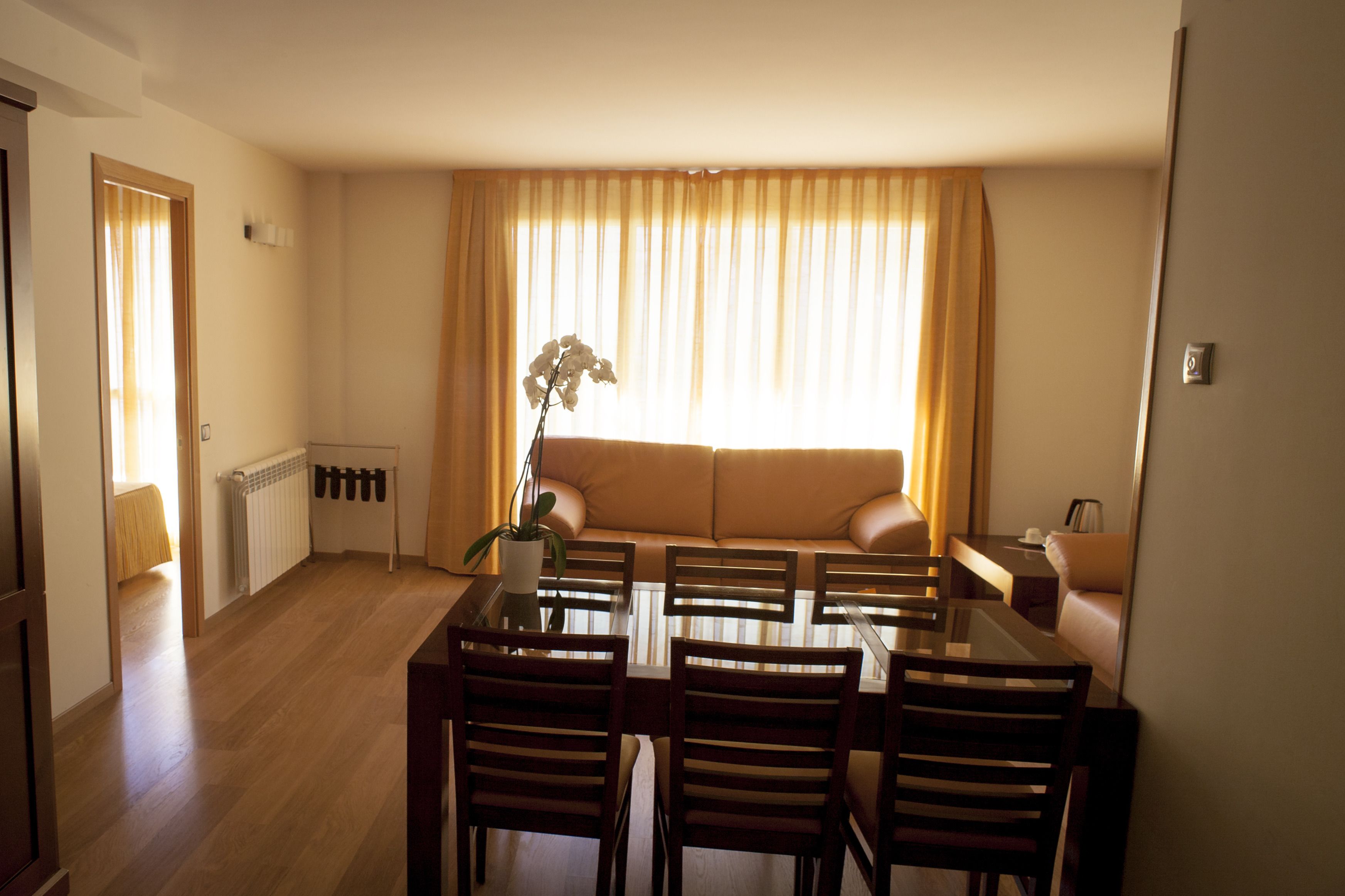 Een eetgedeelte met een glazen tafel, houten stoelen, een bank en een potplant.