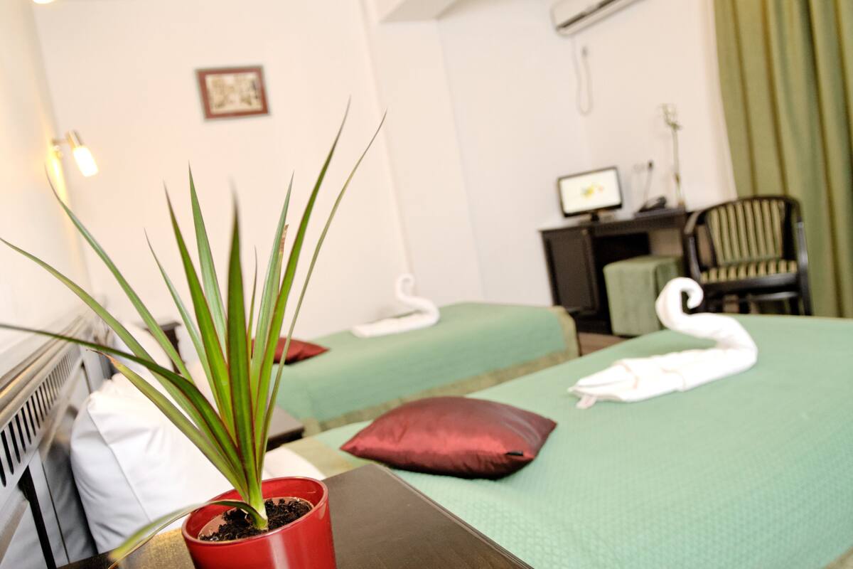A hotel room with two beds, a potted plant, a desk with a computer, and a chair.