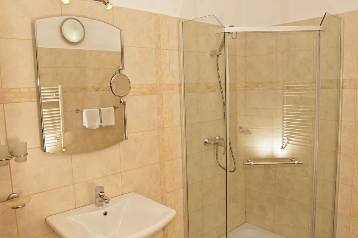 shower, hair dryer, bathrobes, slippers