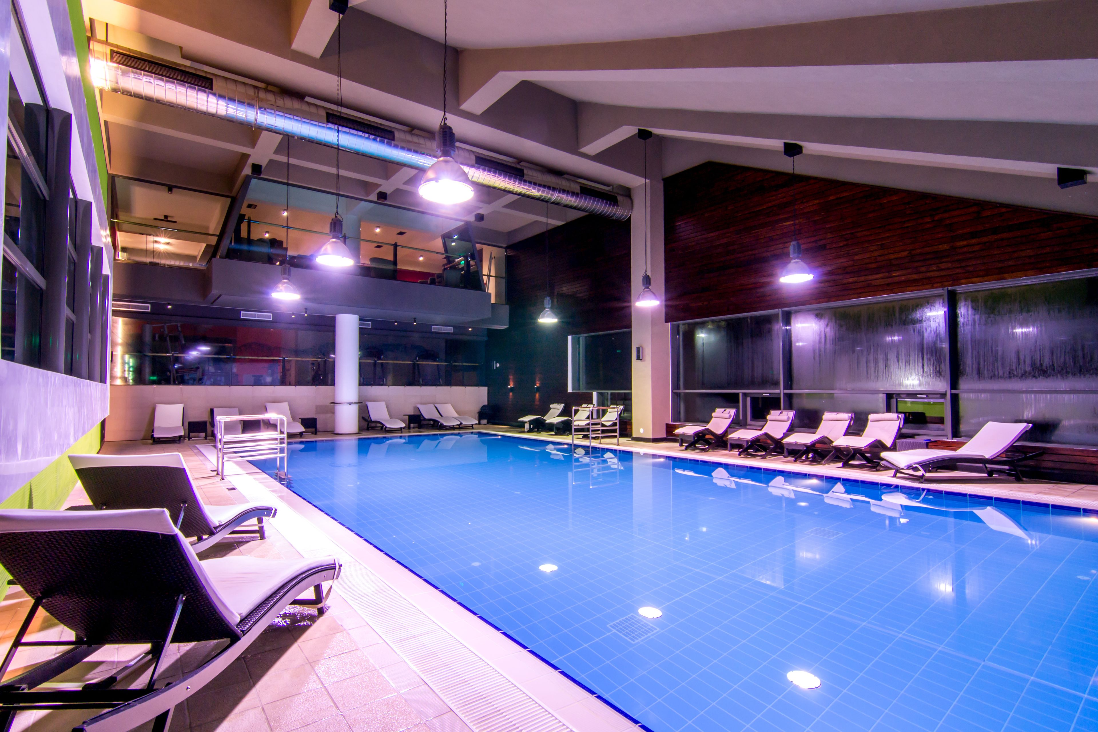 indoor pool, pool loungers