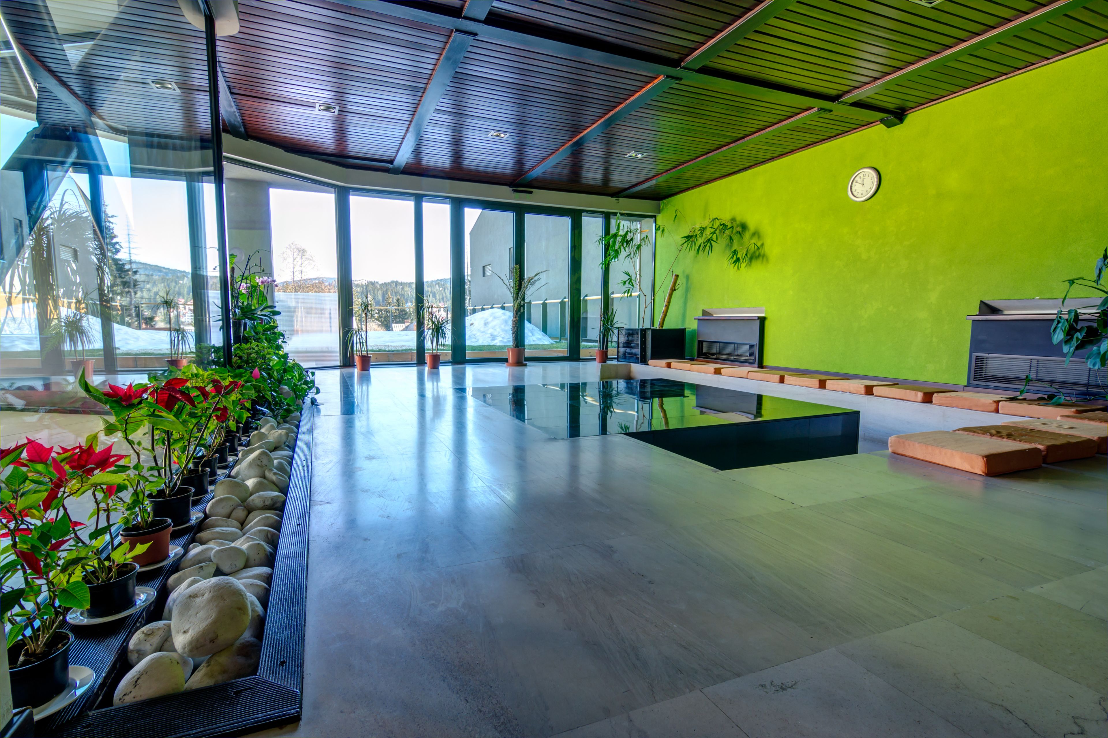 A spacious indoor area with a green wall, a large window, and a seating area with cushions.