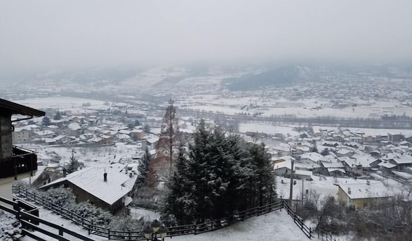 A snow-covered town with buildings and a prominent tree in the foreground.