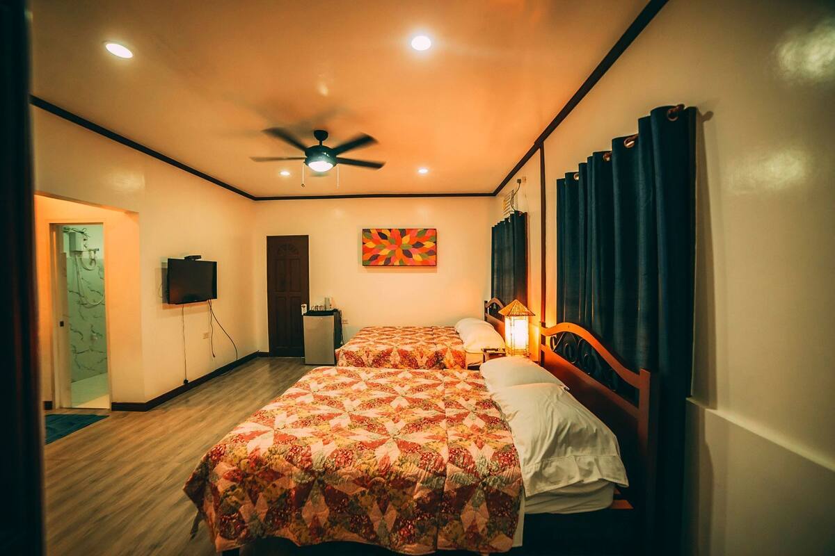 Een hotelkamer met twee bedden, een plafondventilator, een televisie, een schilderij en een lamp.