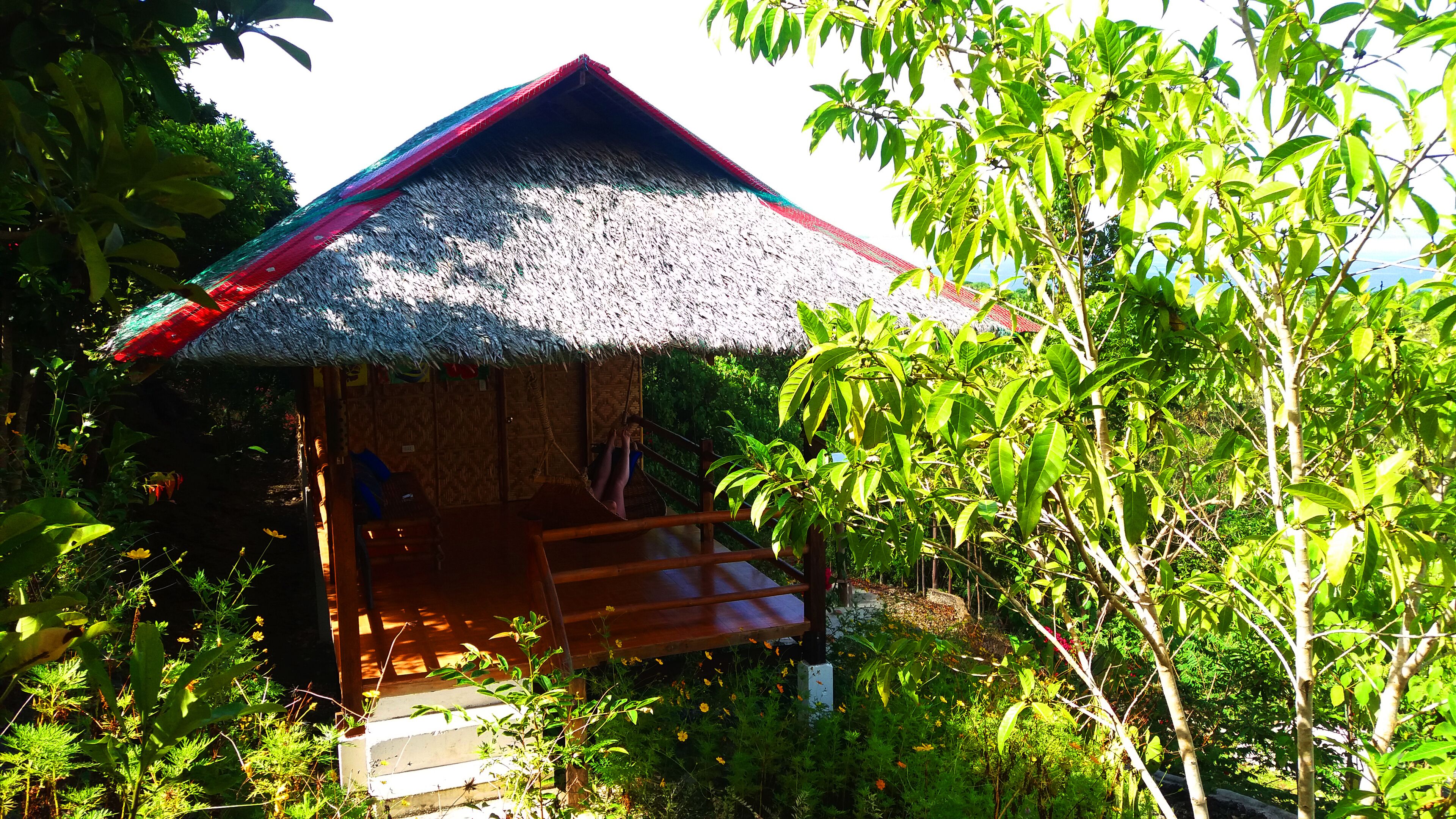 A thatched-roof hut with a wooden porch, surrounded by lush greenery.