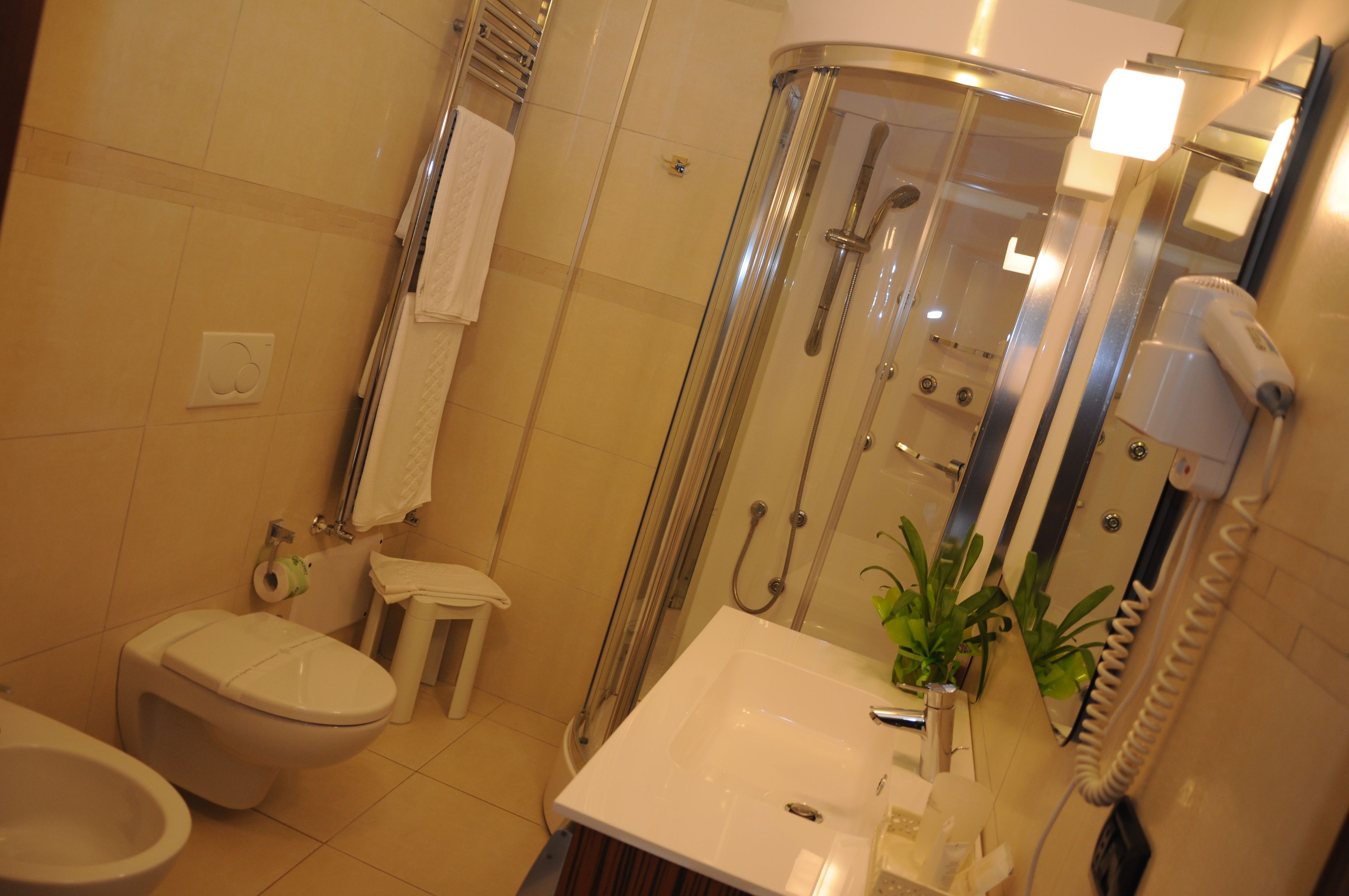 Une salle de bain équipée de toilettes, d’un lavabo, d’une douche et d’un sèche-cheveux fixé au mur.