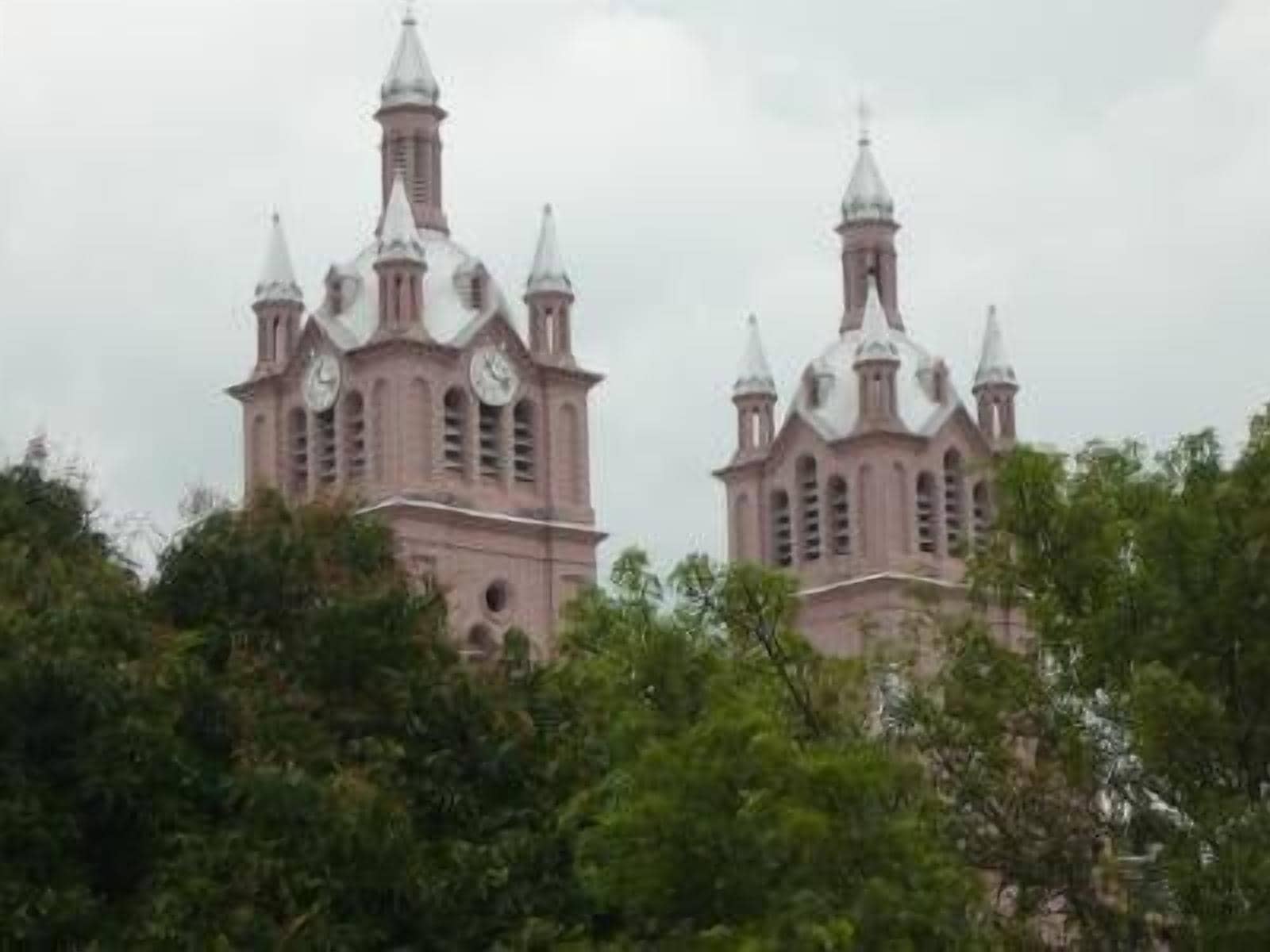 A large, pink, multi-towered building with a clock on each tower.
