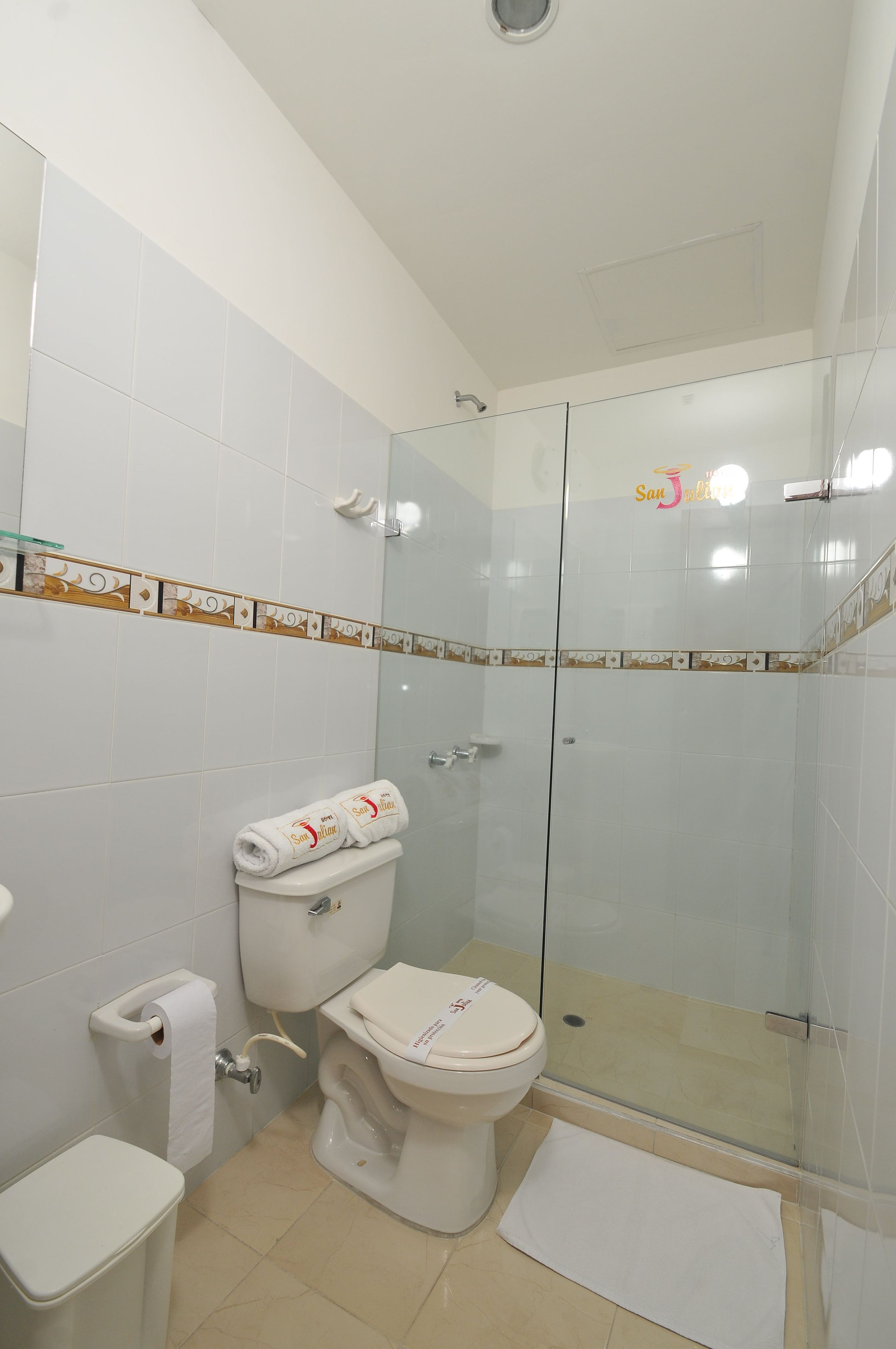 A bathroom with a toilet, a glass-enclosed shower, and a white sink.