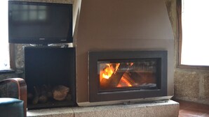 Une cheminée surmontée d’un meuble où est posée une télévision, un mur en pierre et une fenêtre à l’arrière-plan.