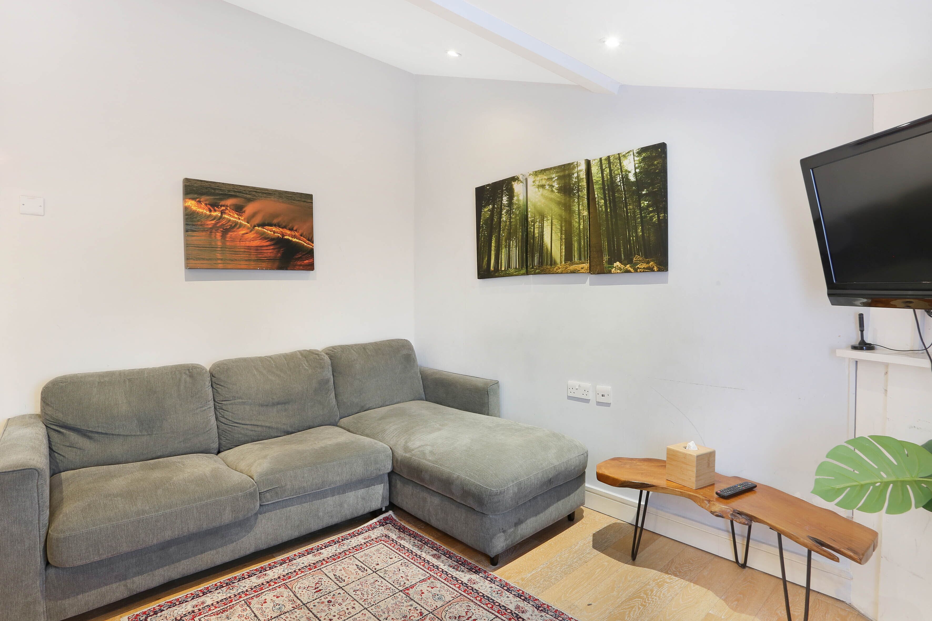 A modern living room with a grey sectional sofa, a flat-screen TV mounted on the wall, and two framed nature photographs.