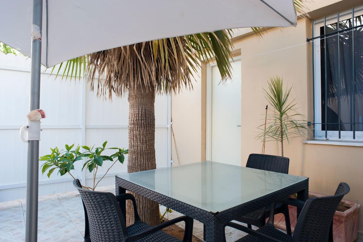 An outdoor patio with a glass table and wicker chairs, a palm tree, and a potted plant.