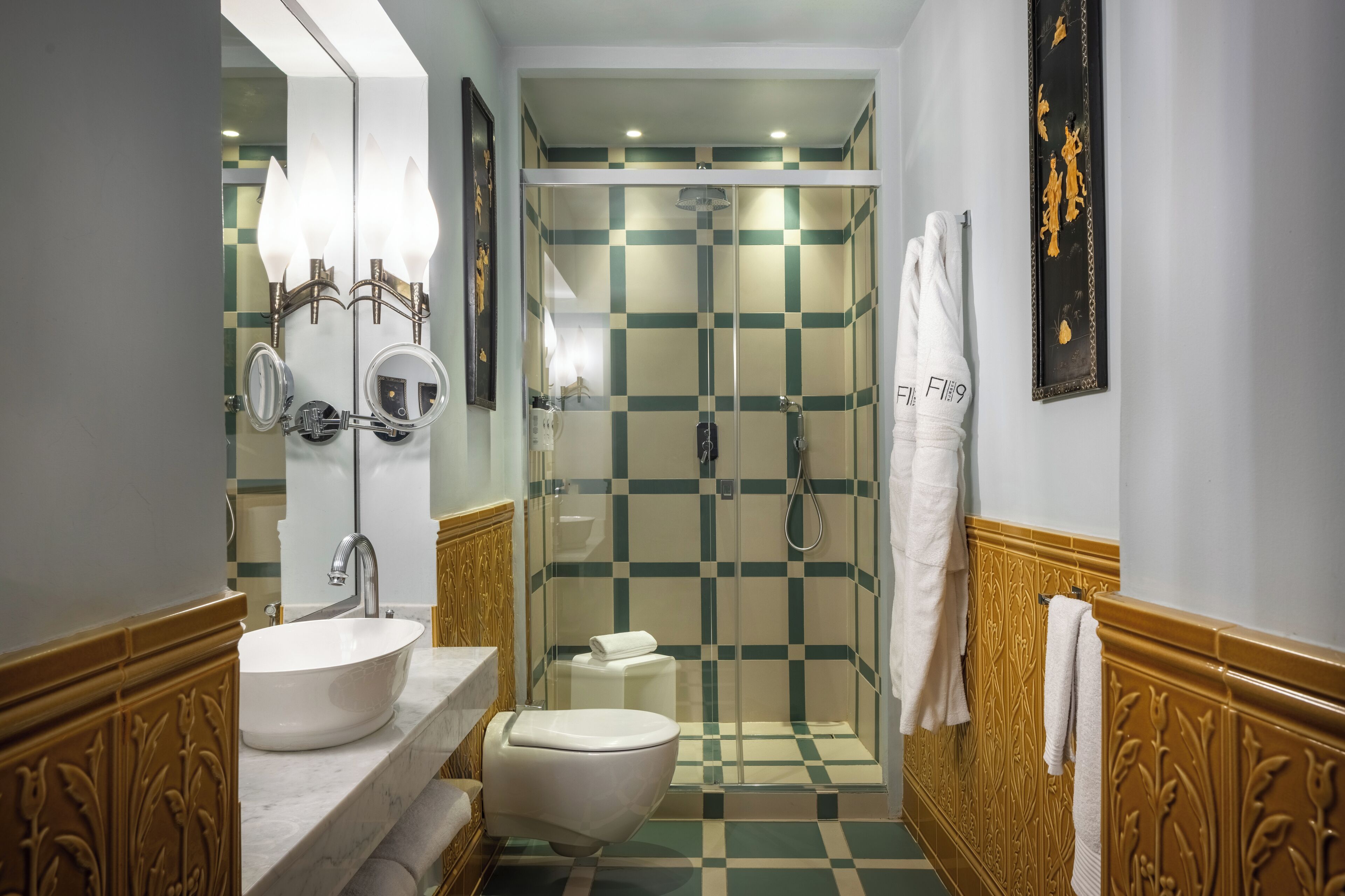 rainfall showerhead, designer toiletries, hair dryer, bathrobes