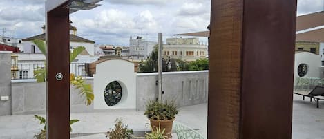 A rooftop terrace with a metal pergola, potted plants, and outdoor furniture.