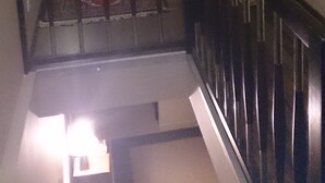 Uma escadaria com corrimão preto, tapete vermelho e uma porta no topo.