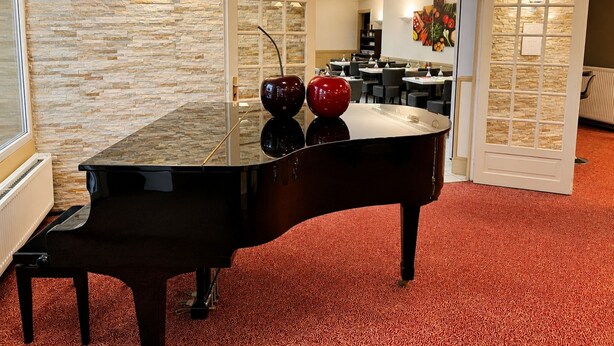 Um piano de cauda em um ambiente com parede de pedra e tapete vermelho.